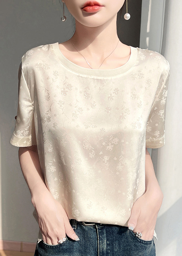 Beige Jacquard Original Design Silk Blouses Short Sleeve