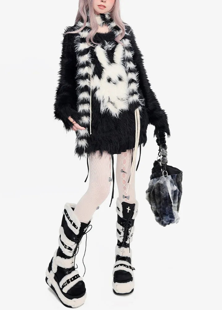 Diy Black Oversized Rabbit Faux Mink Hair Knit Tops Winter