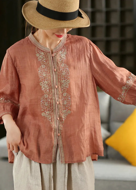 Orange O-neck Embroidered Linen Shirt Summer