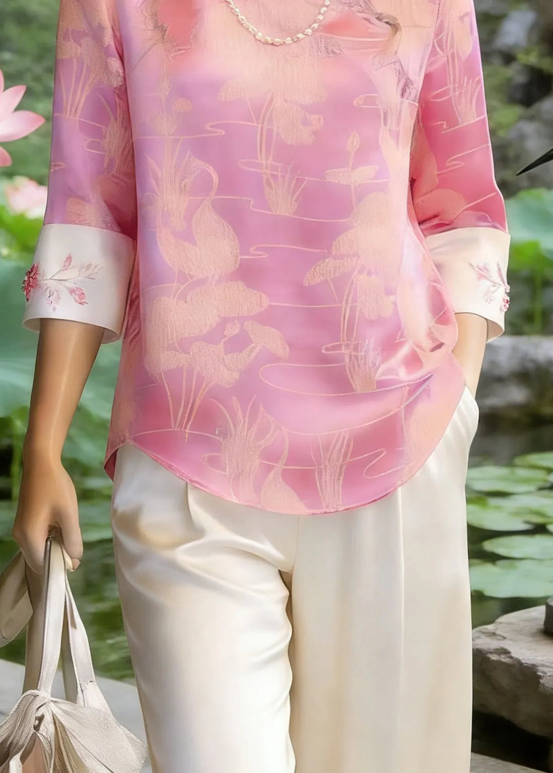 Chinese Style Pink O-neck Print Silk T Shirt Three Quarter Sleeve