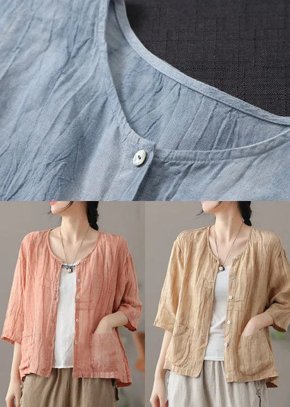 Pink Wrinkled Button Linen Shirts Bracelet Sleeve
