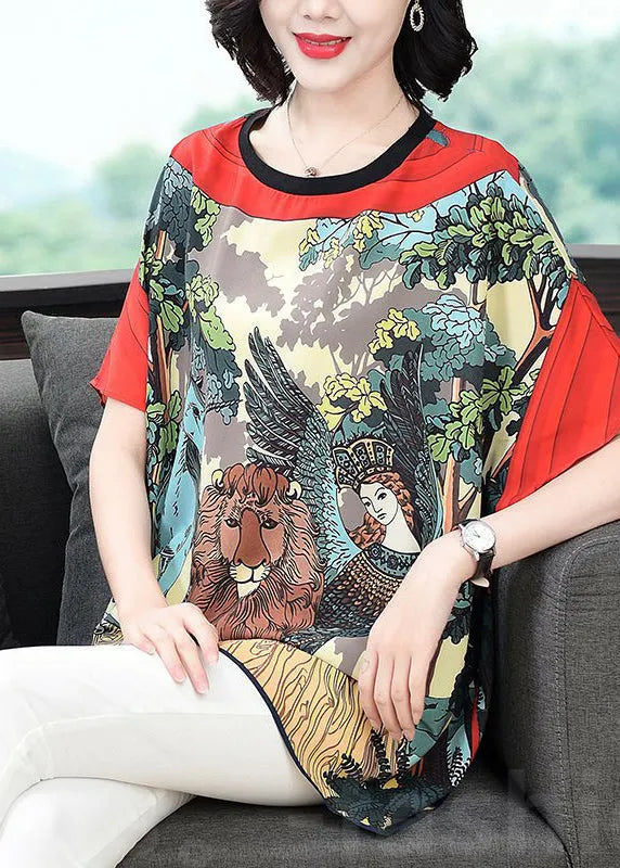Loose Red O-neck Animal Print Chiffon Tank Tops Batwing Sleeve