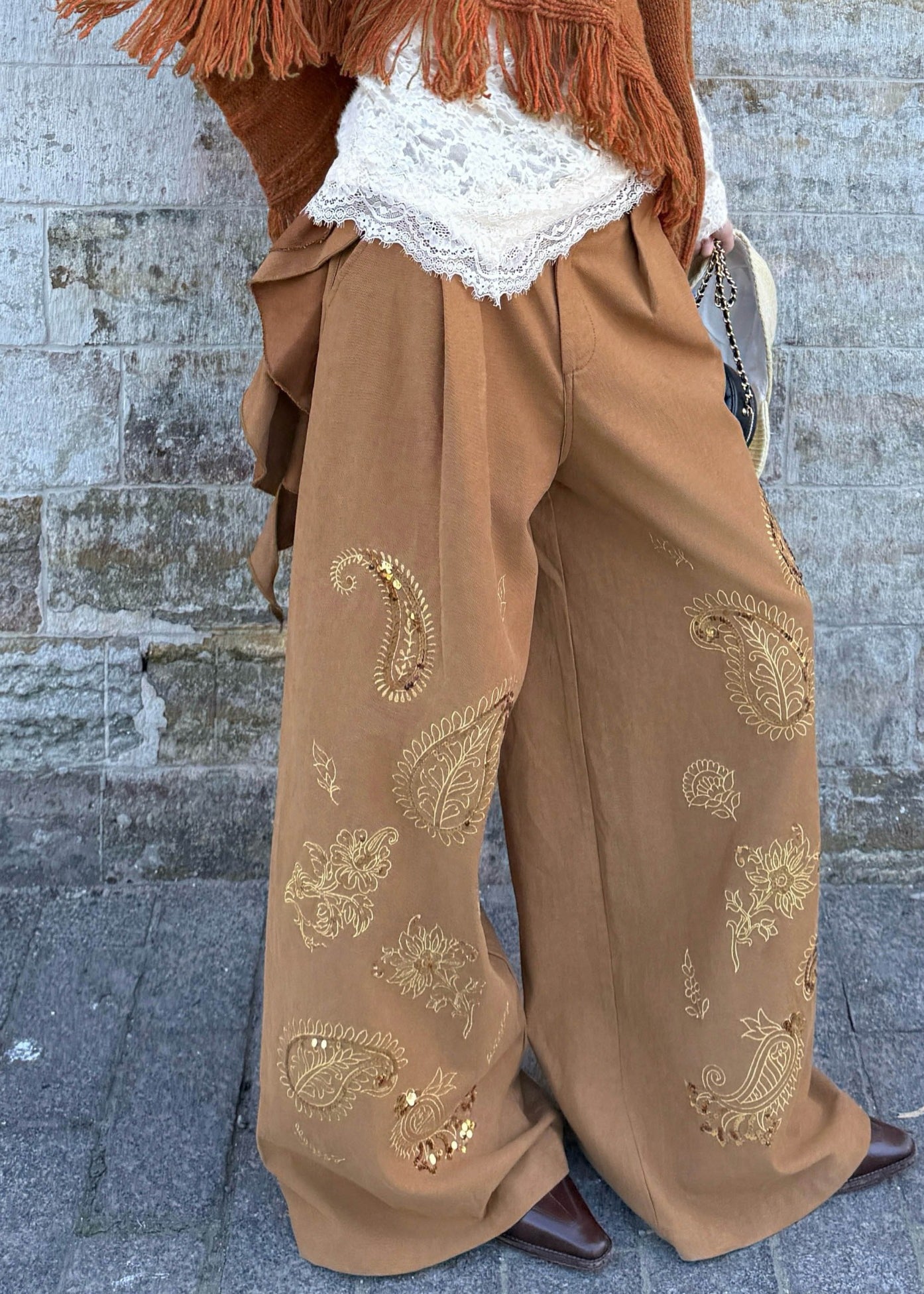Brown Embroidered Asymmetrical Sequins Wide Leg Pants Fall