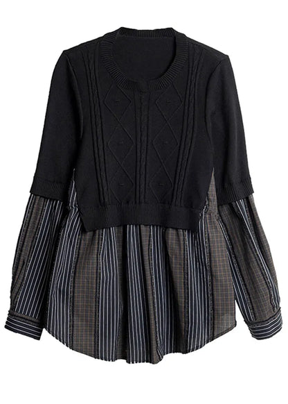 Black O-neck Fake Two Pieces Cotton Knit Patchwork Top Spring