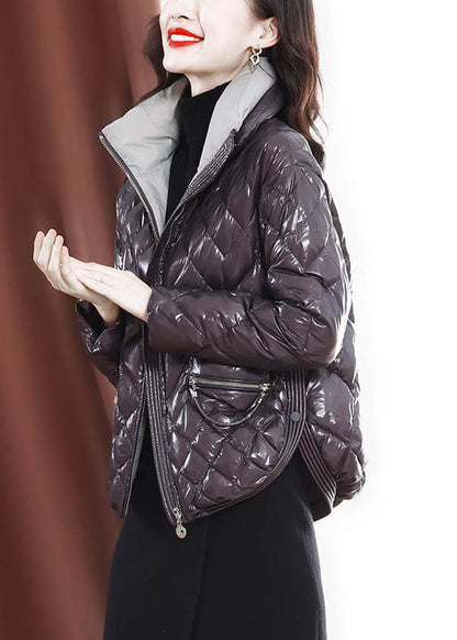 Unique Purple Zip Up Side Open Fine Cotton Filled Witner Coats