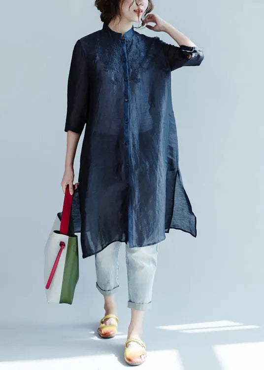 Navy Embroideried Button Blouses Three Quarter Sleeve