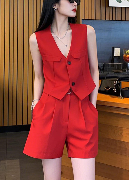 New Red V Neck Button Waistcoat and Shorts Spandex Two Pieces Set Sleeveless