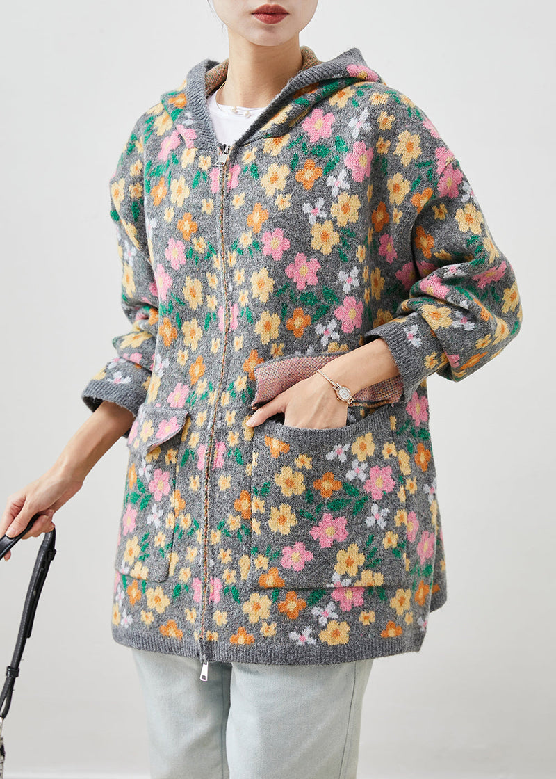Stylish Grey Zip Up Print Knit Coat Spring