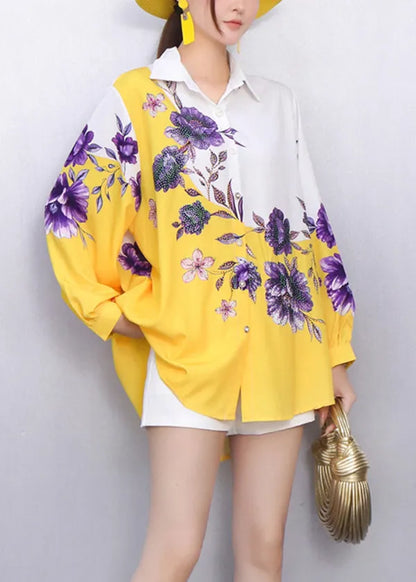 Street Style Purple Pattern Printed Yellow Shirt Fall