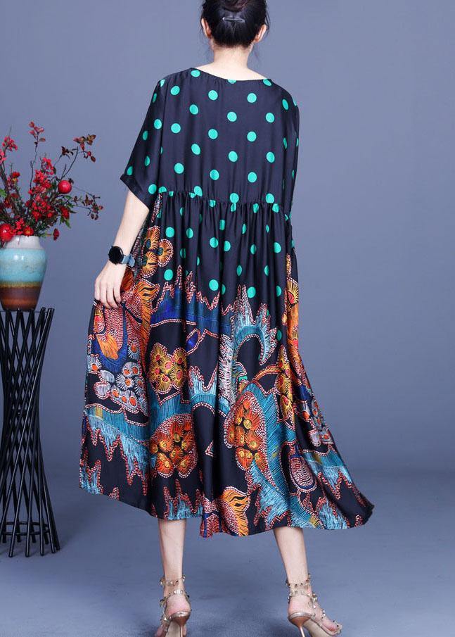 Black Print O-neck Half Sleeve Silk Vacation Dresses Summer