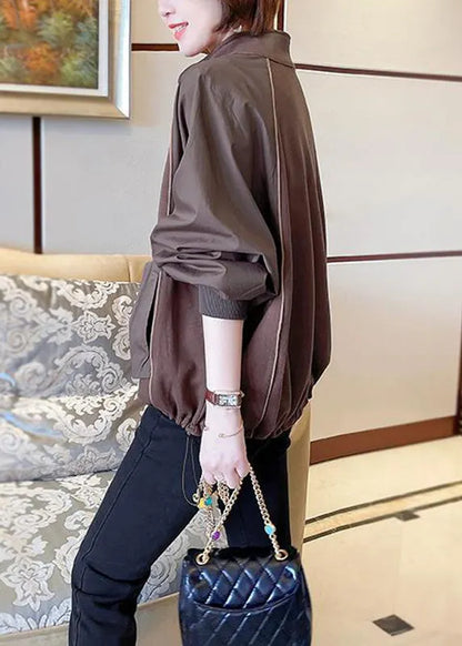 Chocolate Stand Collar Patchwork Zippered Sweatshirts Long Sleeve