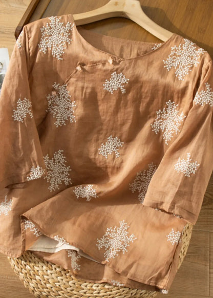 Beige O-neck Embroidered Linen Shirt Top Summer