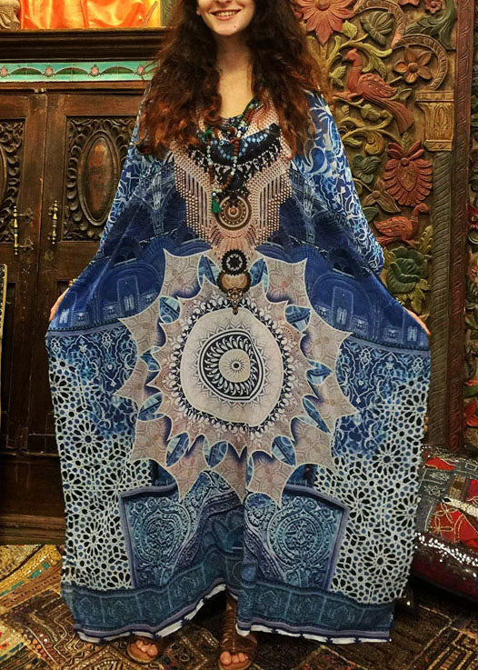 Blue Print O-neck Kimono Robe Mid Summer Cotton Dress