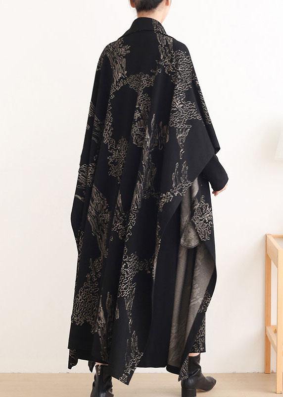 Black Print Peter Pan Collar Button Long Trench Coats