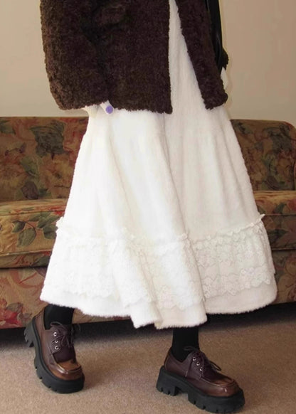 Simple Beige Lace Patchwork Elastic Waist Fluffy Skirt Spring