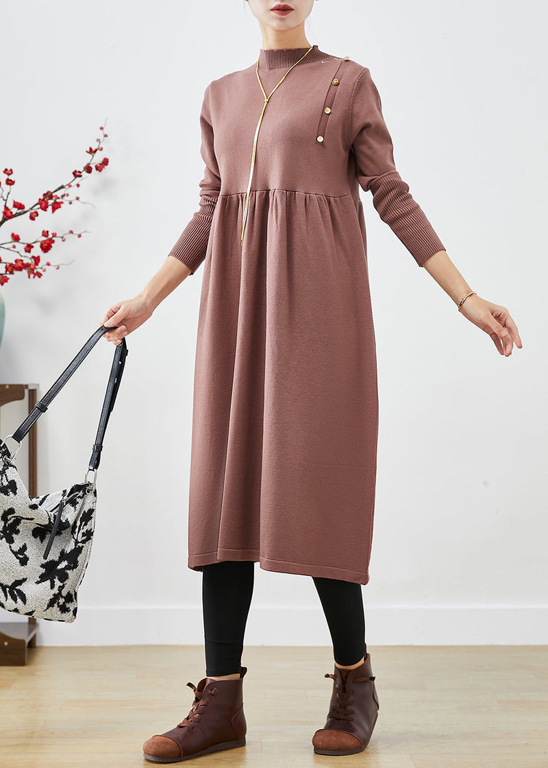 Brown Stand Collar Patchwork Button Knit Long Dress Fall