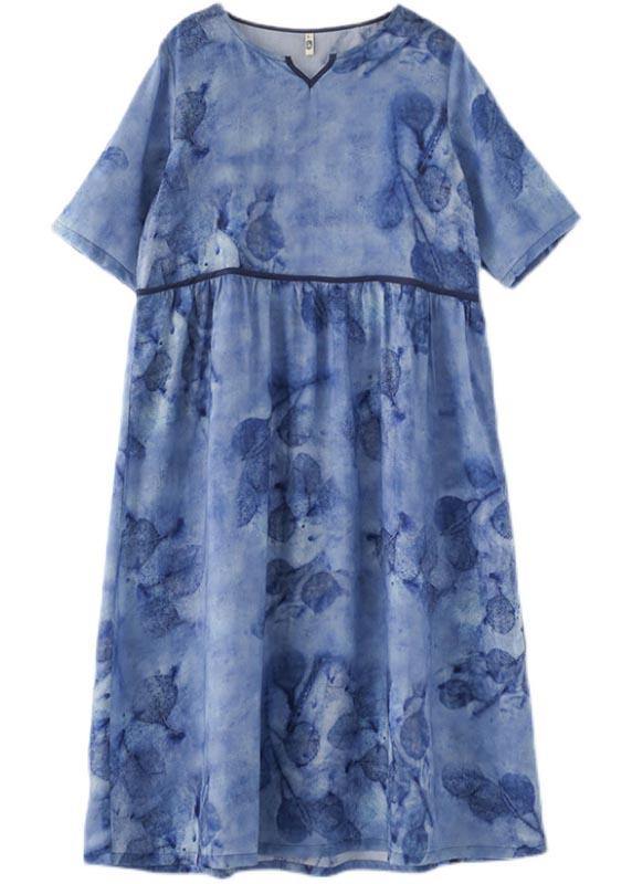 Blue Print Pockets Holiday Summer Linen Dress