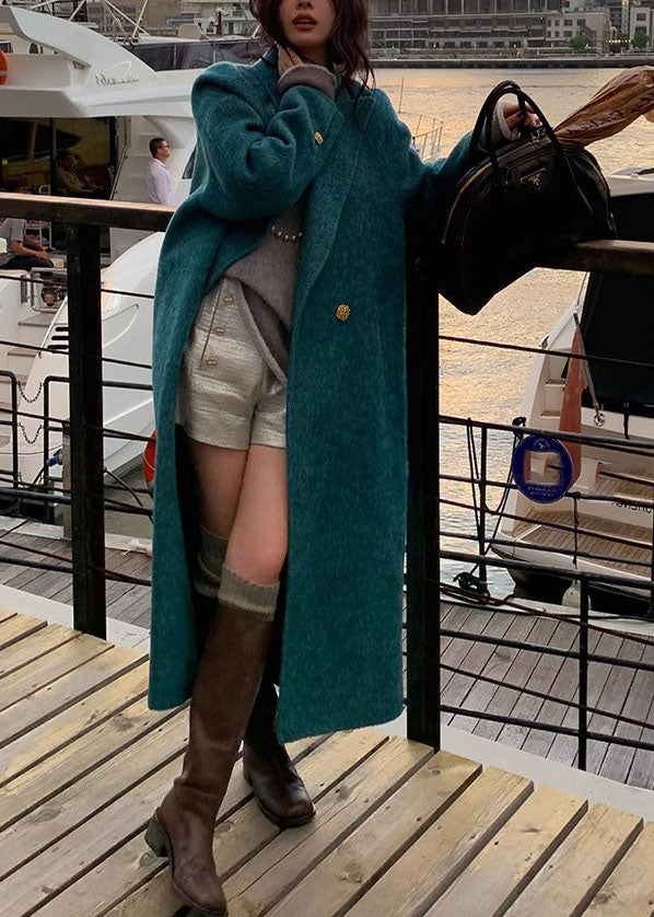 Peacock Blue Notched Pockets Woolen Maxi Coats Long Sleeve
