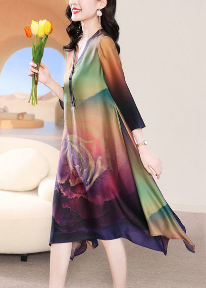 French Colorblock V Neck Print Silk Long Dress Bracelet Sleeve Summer