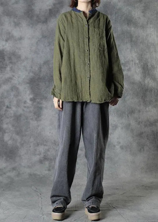 Organic Army Green Retro Pockets Fall Long Sleeve Top