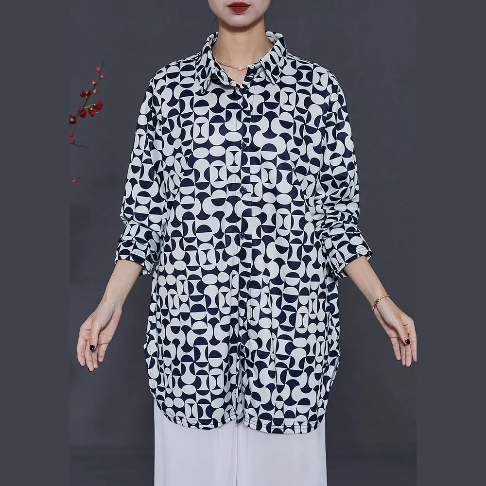 French Black Oversized Print Chiffon Shirt Tops Summer