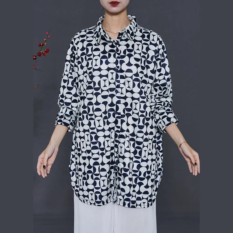 French Black Oversized Print Chiffon Shirt Tops Summer