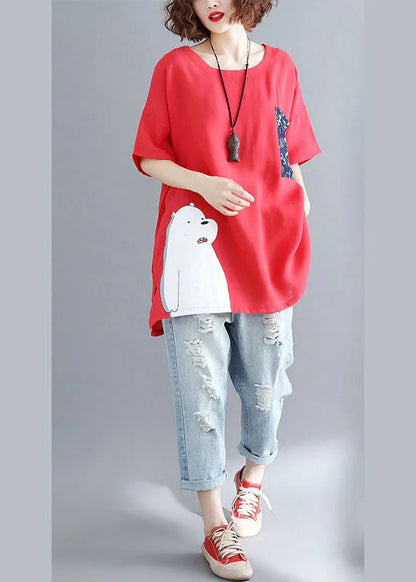 Diy Red O-neck Print Fall Animal Half Sleeve Shirt Top