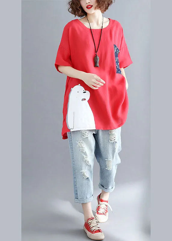 Diy Red O-neck Print Fall Animal Half Sleeve Shirt Top