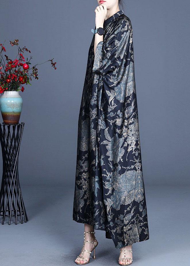 Comfy Black Print Summer Silk Side Open Dress