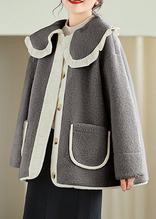 Grey Peter Pan Collar Pockets Teddy Faux Fur Coat Winter
