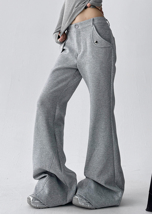 Grey Pockets Patchwork Cotton Flared Trousers Fall