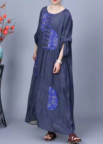 Blue O Neck Button Patchwork Cotton Long Dress Spring