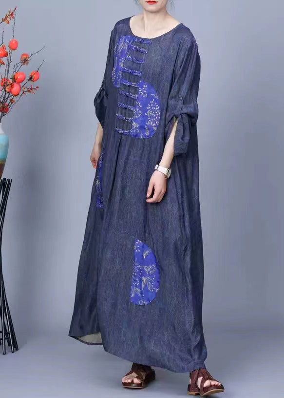 Blue O Neck Button Patchwork Cotton Long Dress Spring