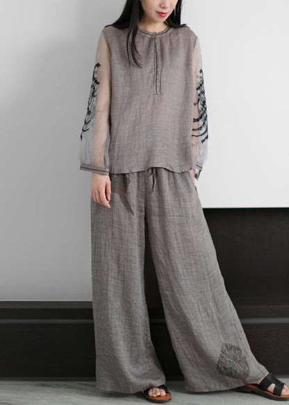 Boutique Grey O-neck Embroideried Tulle Patchwork Linen Two Piece Set Clothing Summer