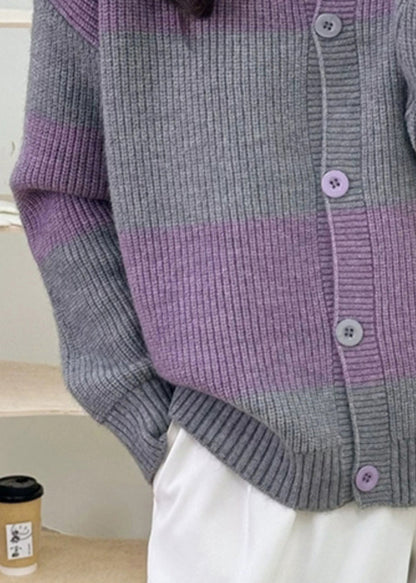 Grey Striped Button Knit Cardigan Fall