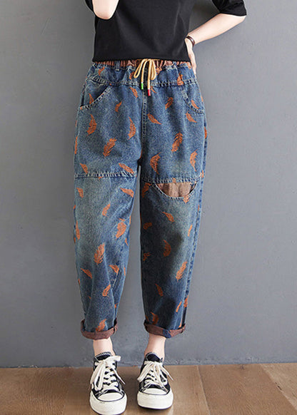 Blue Pockets Print Elastic Waist Harem Pants Summer