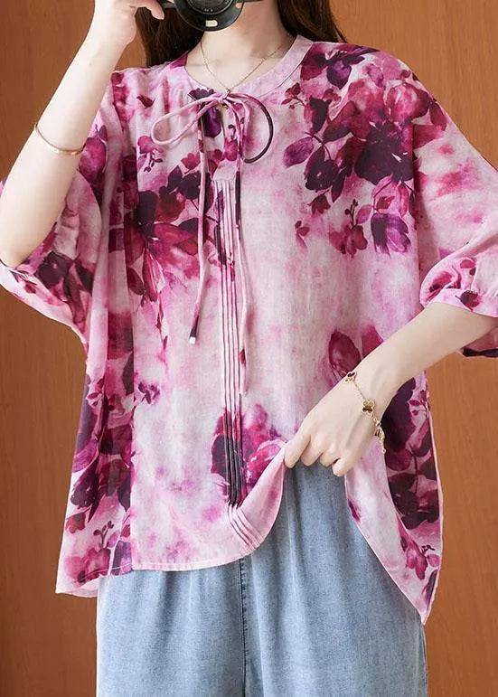 Pink Print Short Sleeve Summer Cotton Shirt Top