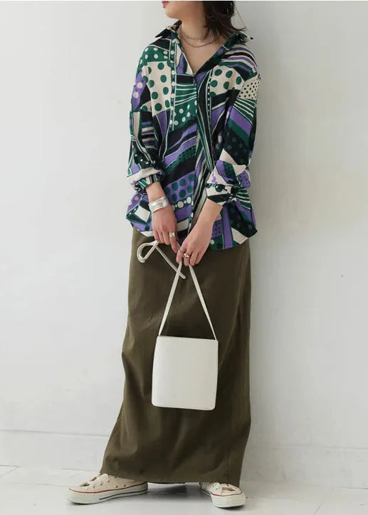 Green Oversized Print Chiffon Shirt Top Fall