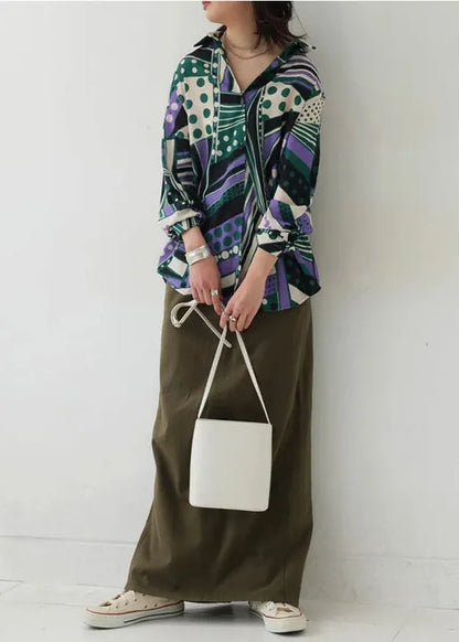 Green Oversized Print Chiffon Shirt Top Fall