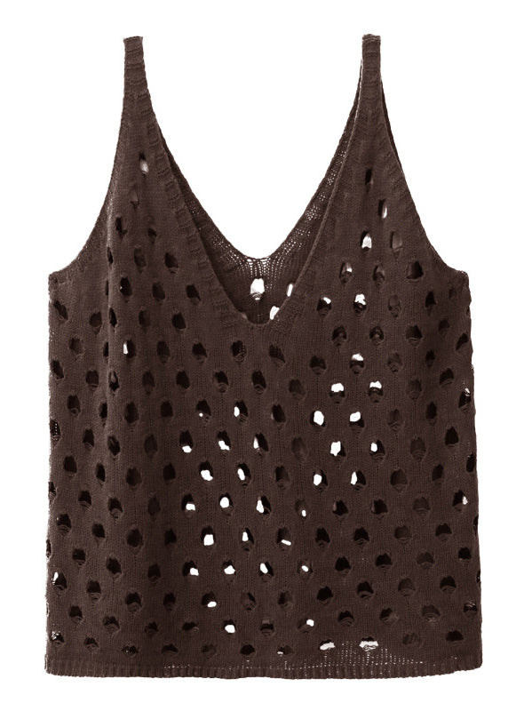 Coffee V Neck Hollow Out Cotton Knit Waistcoat Sleeveless