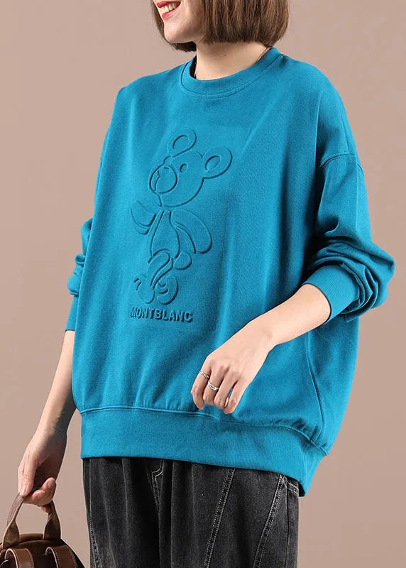 Blue O-neck Print Loose Fall Sweatshirts