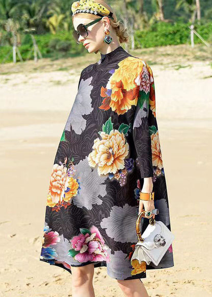 Classy Black Hign Neck Print Patchwork Cotton a Line Dress Fall
