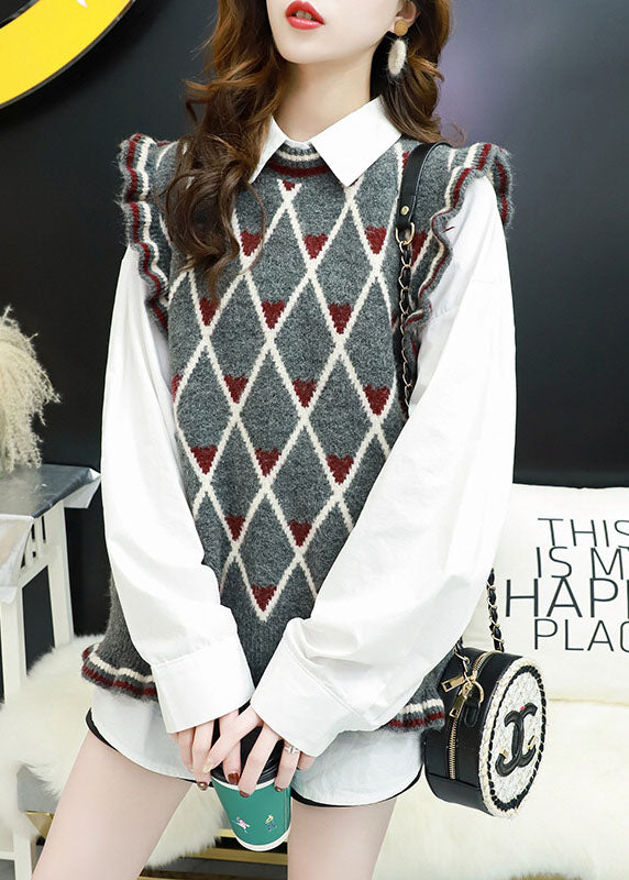 French Grey Loose Plaid Fall Knit Vest