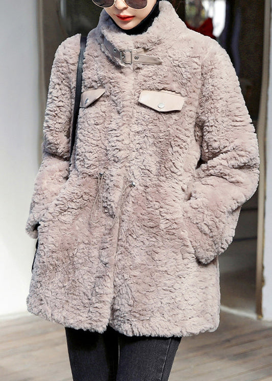 Camel Stand Collar Drawstring Thick Faux Fur Coats Fall