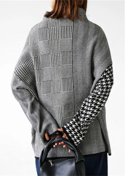 Loose Grey Plaid Knit Sweaters and Skirts Two Piece Set Outfits Fall