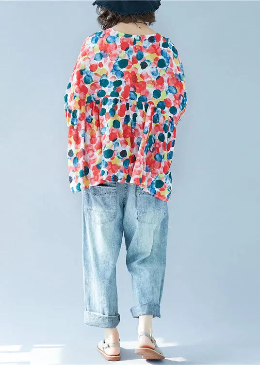 Red V Neck Dot Print Patchwork Wrinkled Chiffon Blouses Short Sleeve
