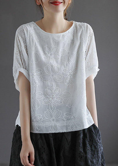 White O-neck Hollow Out Summer Retro Half Sleeve Top