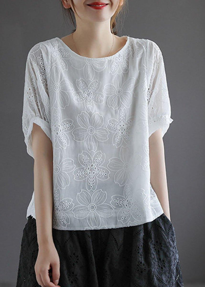 White O-neck Hollow Out Summer Retro Half Sleeve Top