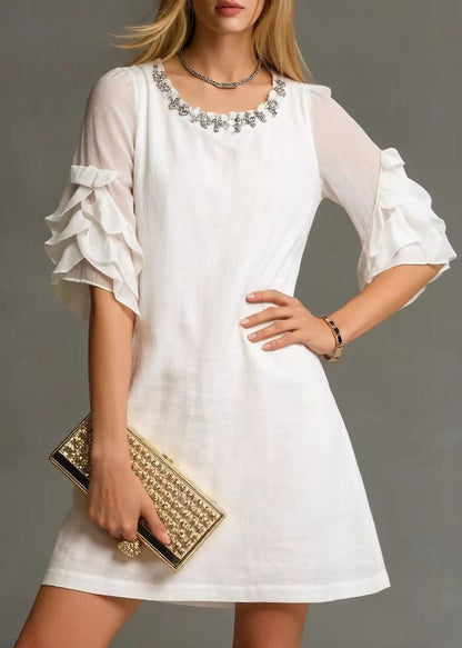 White O-neck Zircon Cotton Day Dress Petal Sleeve