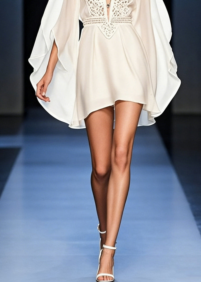 Italian White V Neck Hollow Out Chiffon Mid Dress Batwing Sleeve
